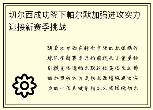 切尔西成功签下帕尔默加强进攻实力迎接新赛季挑战
