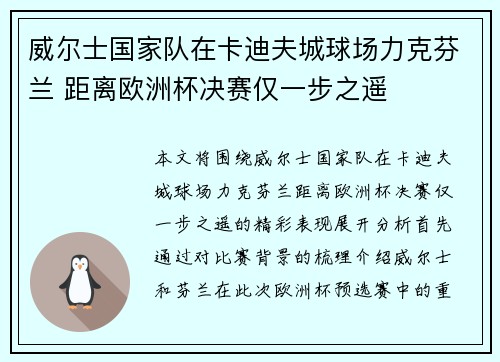 威尔士国家队在卡迪夫城球场力克芬兰 距离欧洲杯决赛仅一步之遥