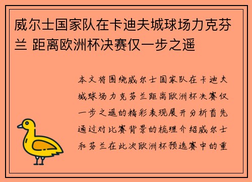 威尔士国家队在卡迪夫城球场力克芬兰 距离欧洲杯决赛仅一步之遥 威尔士国家队在卡迪夫城球场力克芬兰 距离欧洲杯决赛仅一步之遥